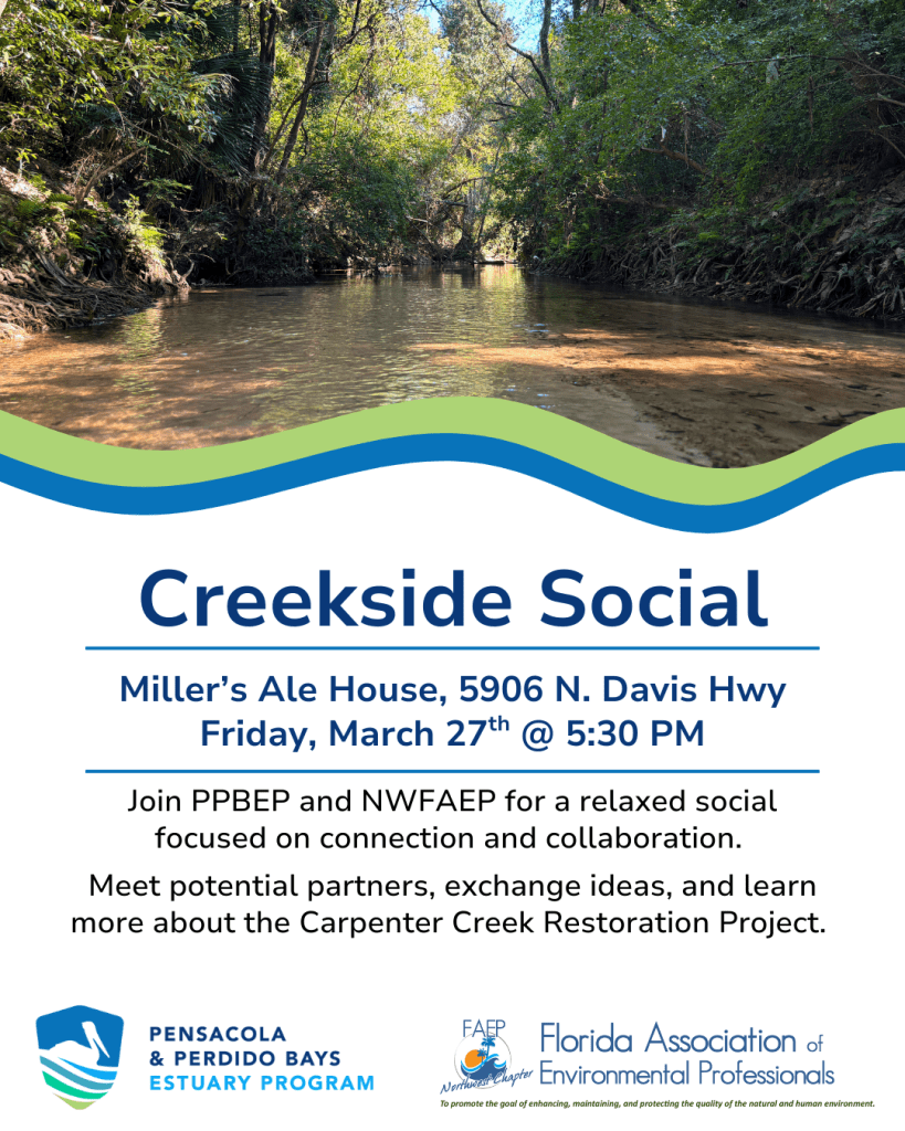 Image of a serene creek surrounded by lush greenery, featuring a clear water reflection. The text overlays promote 'Creekside Social' event details including location and date.